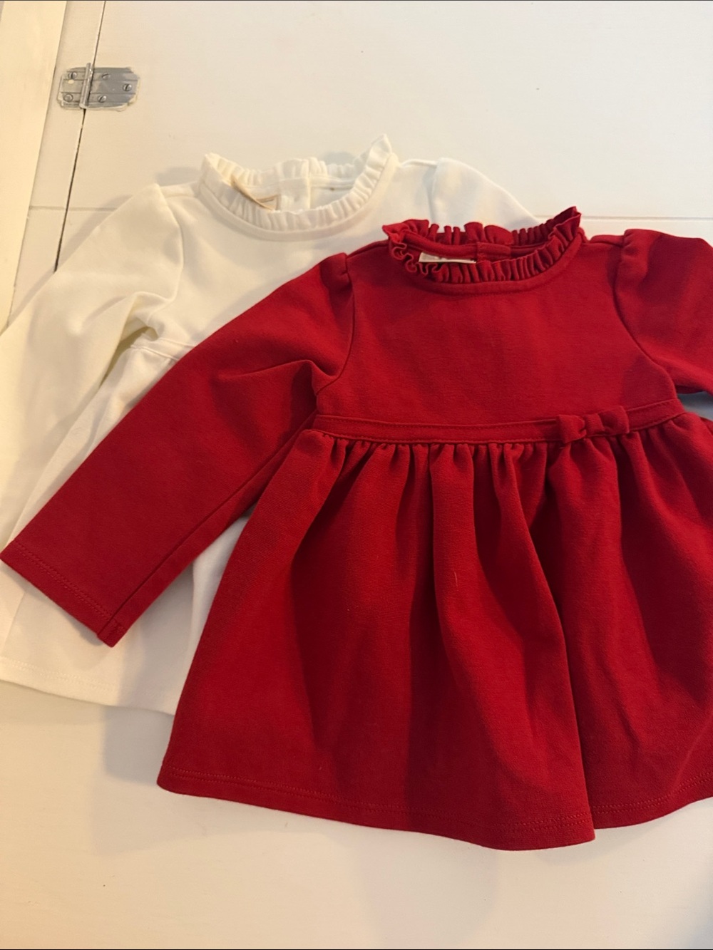 First Impressions Red and White Ruffle Neck Long-Sleeve Tops